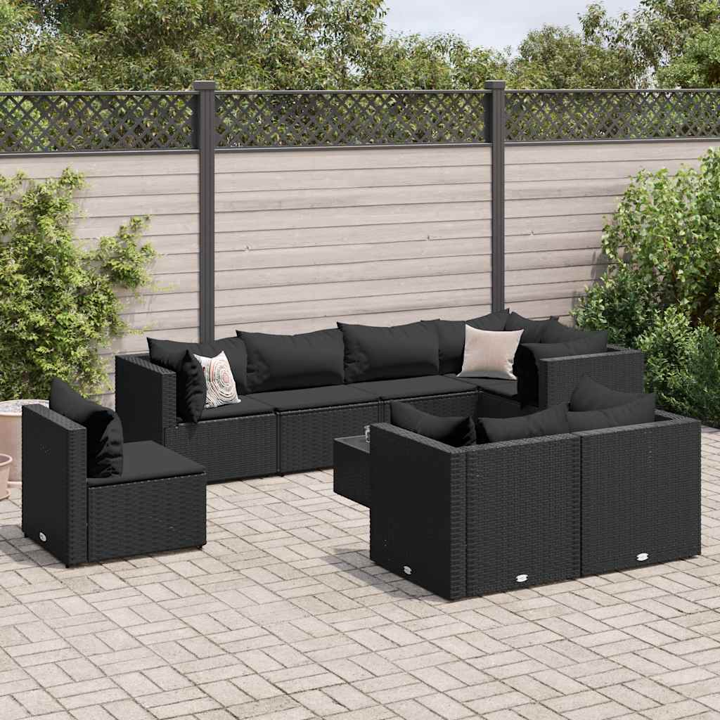 Salon de jardin 9 pcs avec coussins Noir Résine tressée