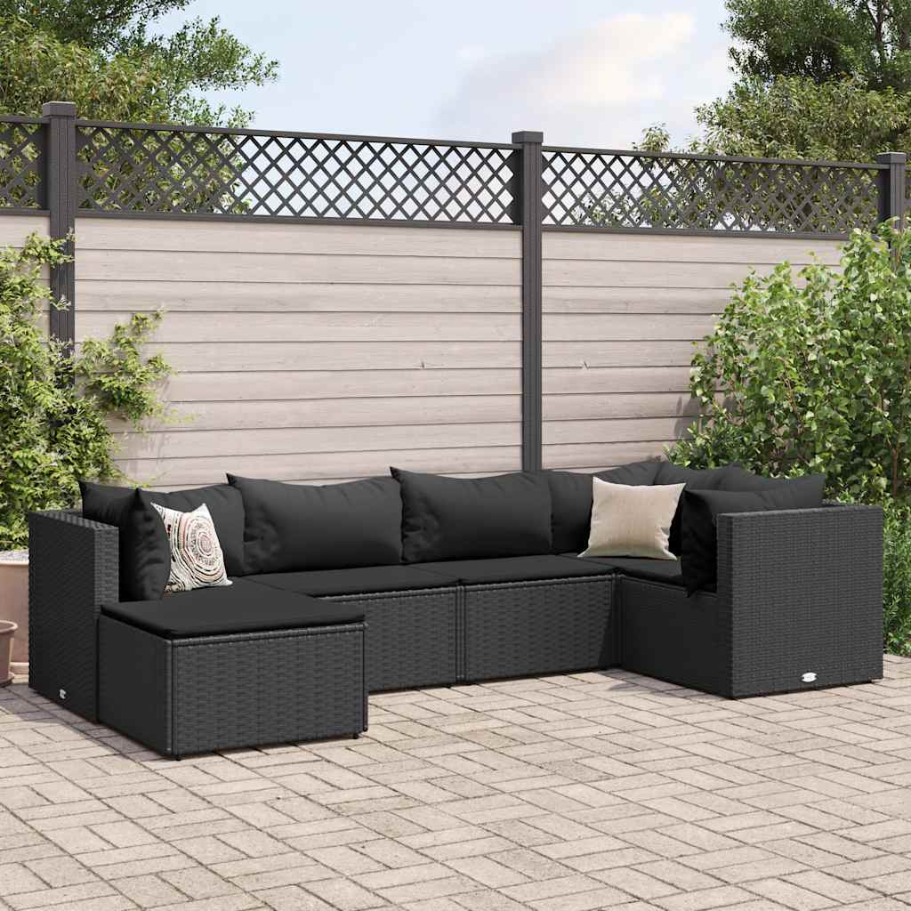 Salon de jardin 6 pcs avec coussins Noir Résine tressée