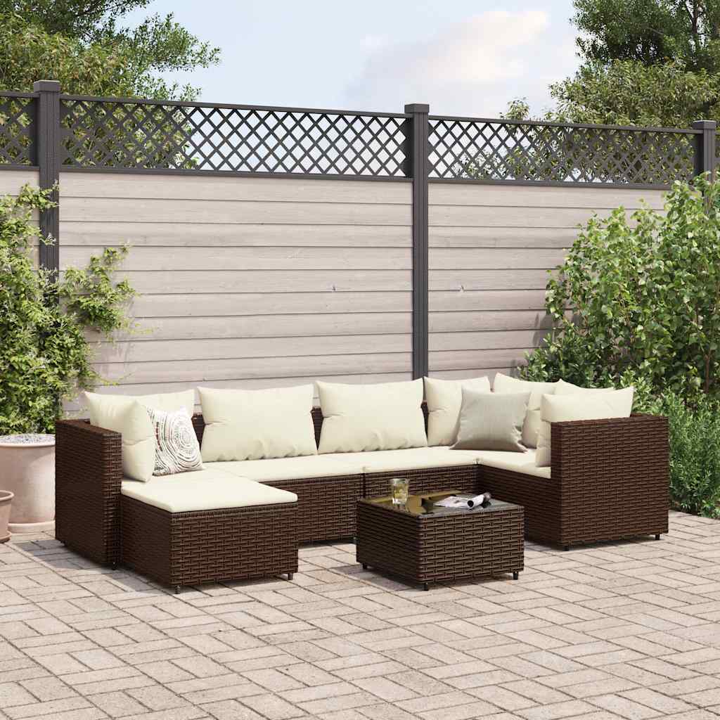 Salon de jardin avec coussins 7 pcs marron résine tressée