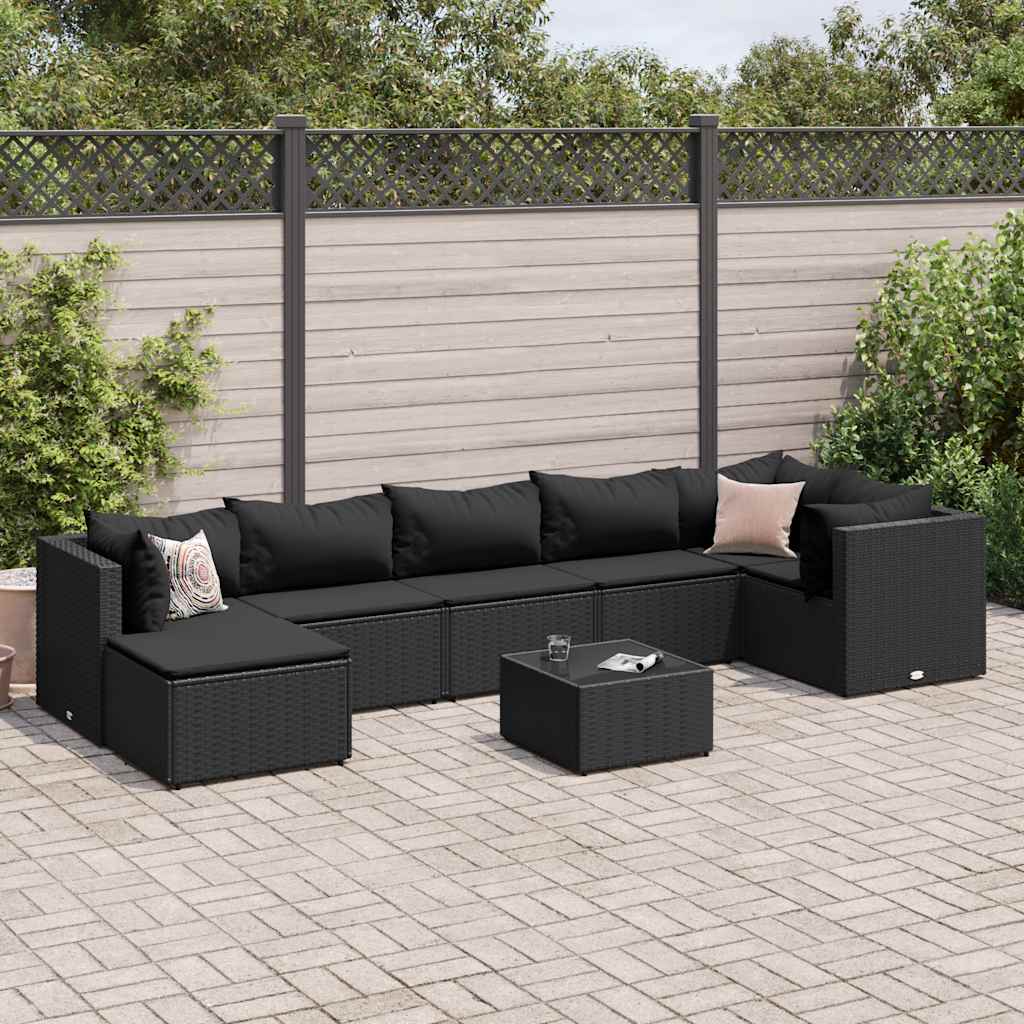 Salon de jardin 8 pcs avec coussins noir résine tressée