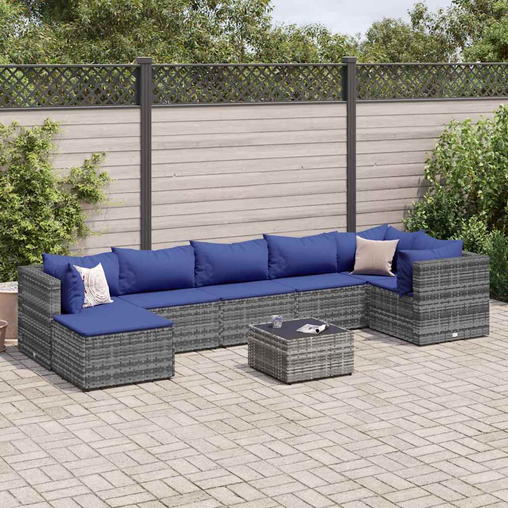 Salon de jardin 8 pcs avec coussins Gris Résine tressée