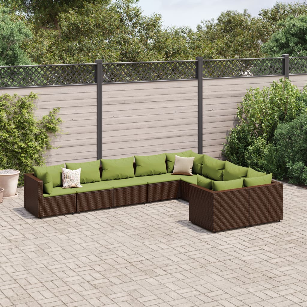 Salon de jardin avec coussins 9 pcs marron résine tressée