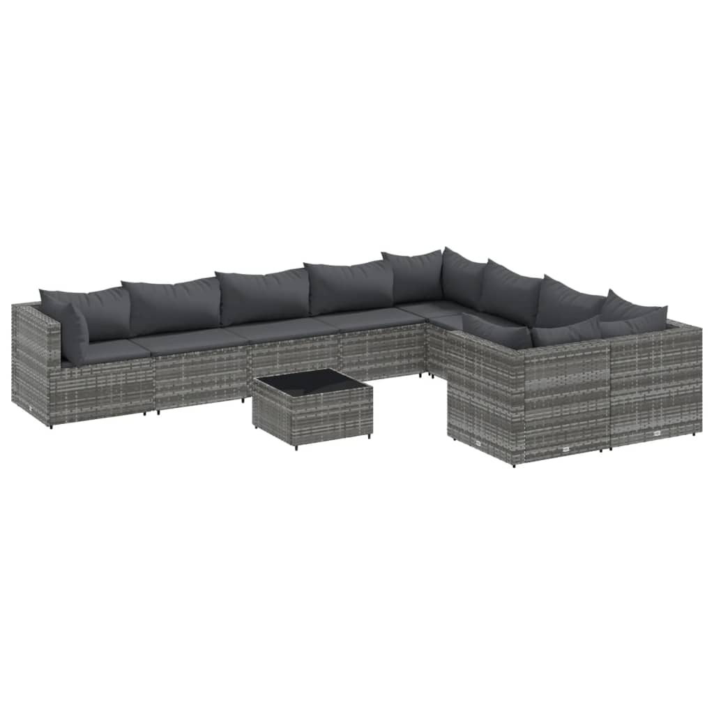 Salon de jardin avec coussins 10 pcs gris résine tressée