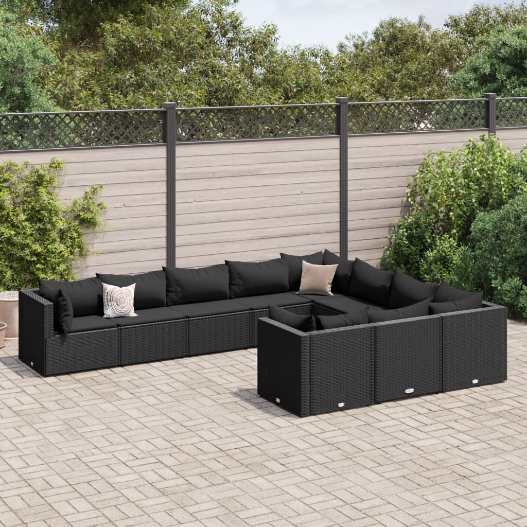 Salon de jardin 10 pcs avec coussins noir résine tressée