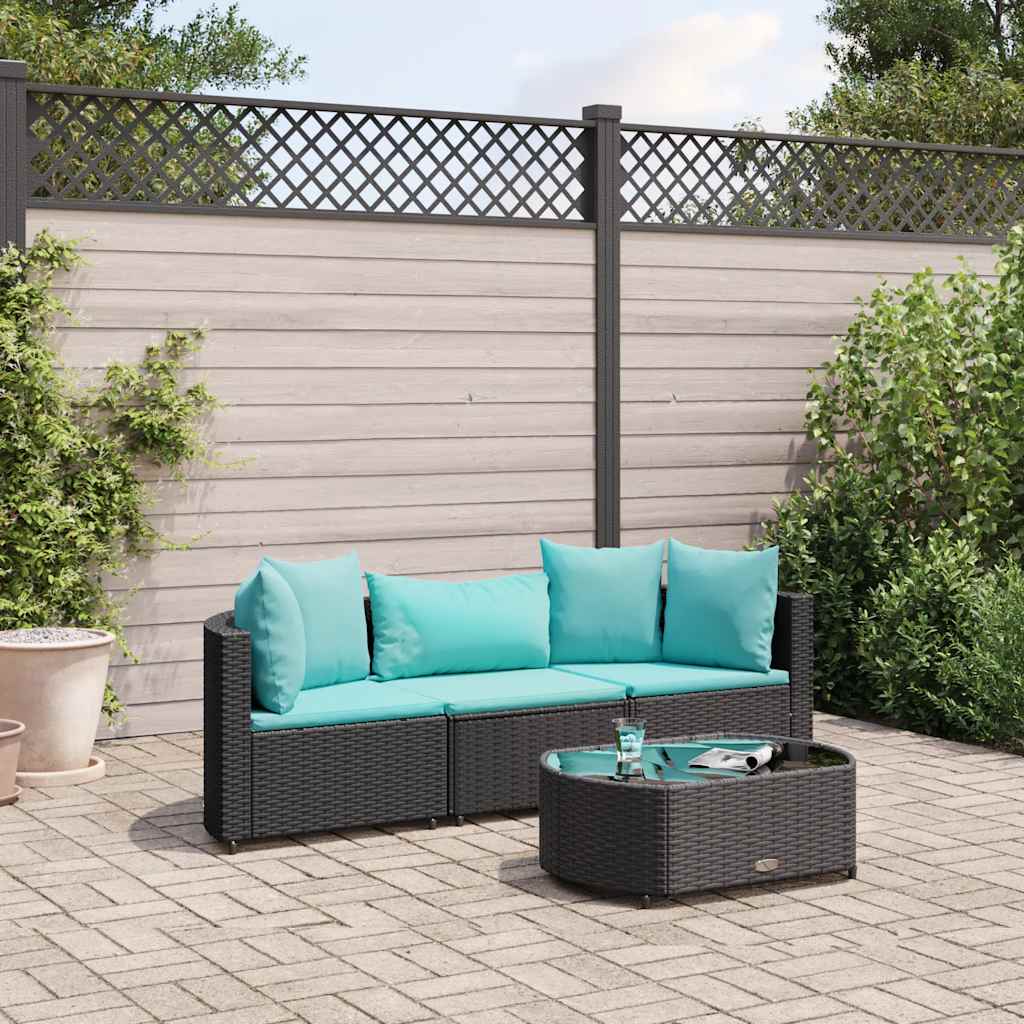 Salon de jardin 4 pcs avec coussins noir résine tressée