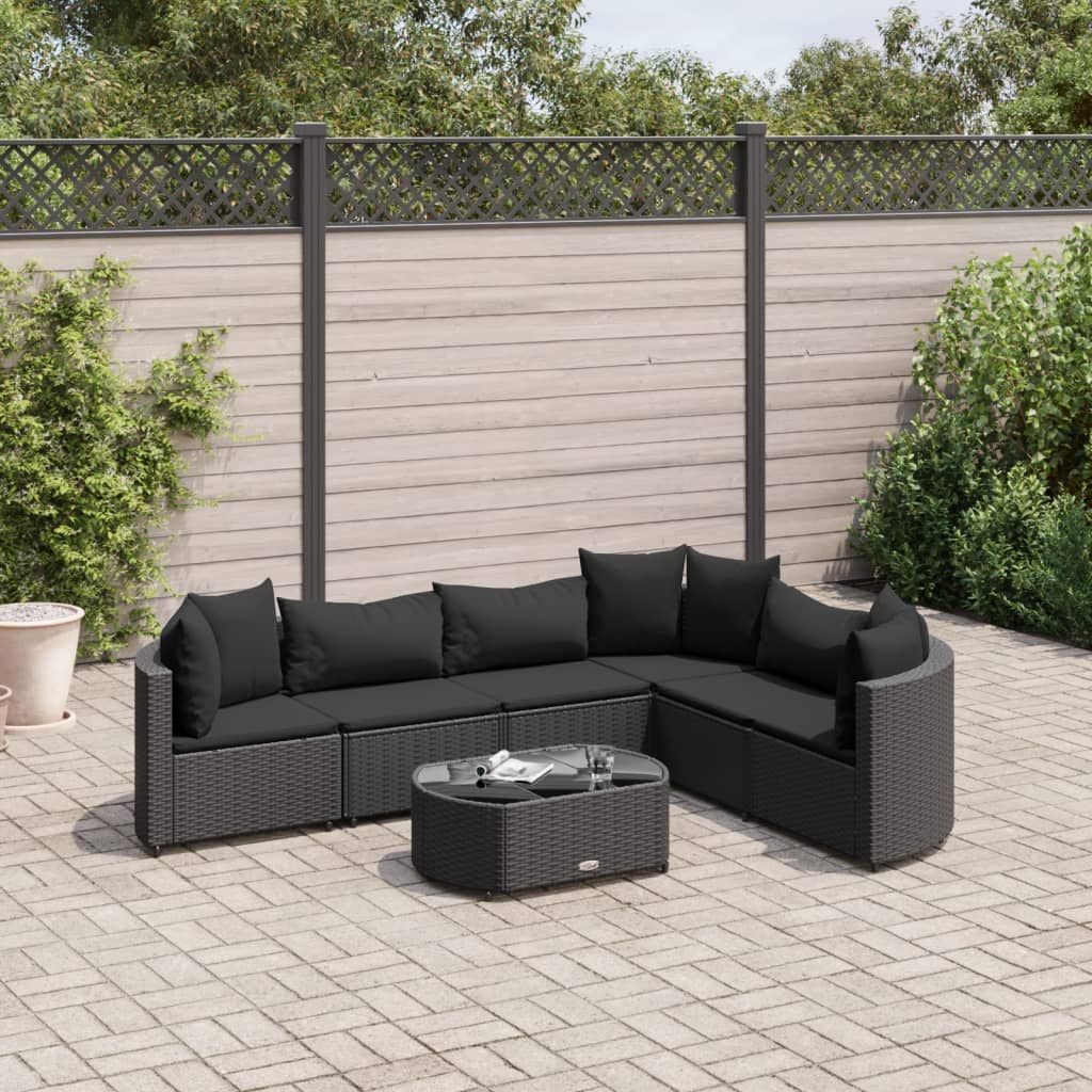 Salon de jardin 7 pcs avec coussins noir résine tressée