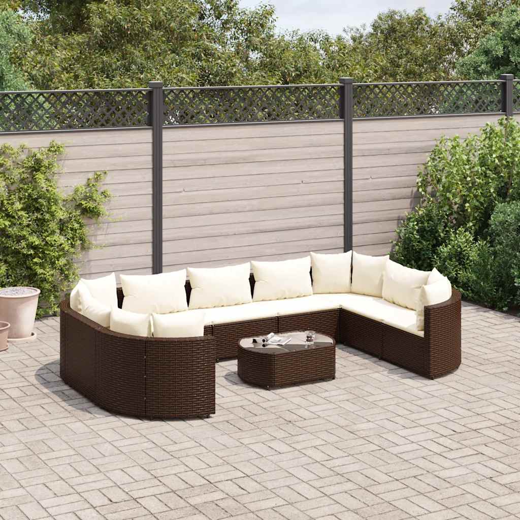 Salon de jardin 10 pcs avec coussins marron résine tressée