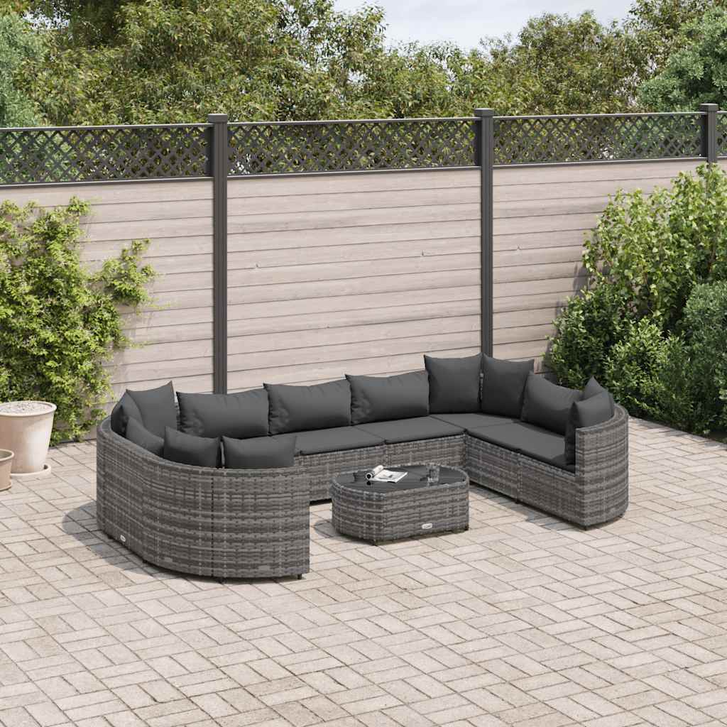 Salon de jardin avec coussins 10 pcs gris résine tressée