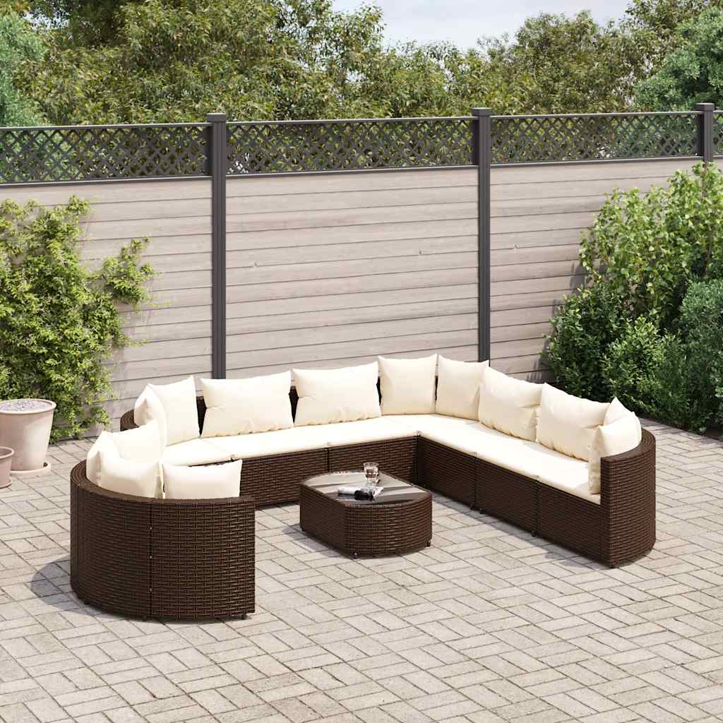 Salon de jardin 10 pcs avec coussins marron résine tressée