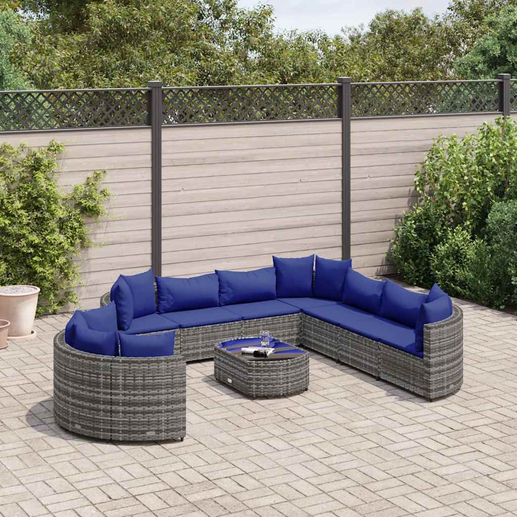 Salon de jardin avec coussins 10 pcs gris résine tressée