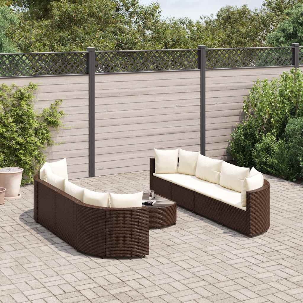 Salon de jardin avec coussins 9 pcs marron résine tressée