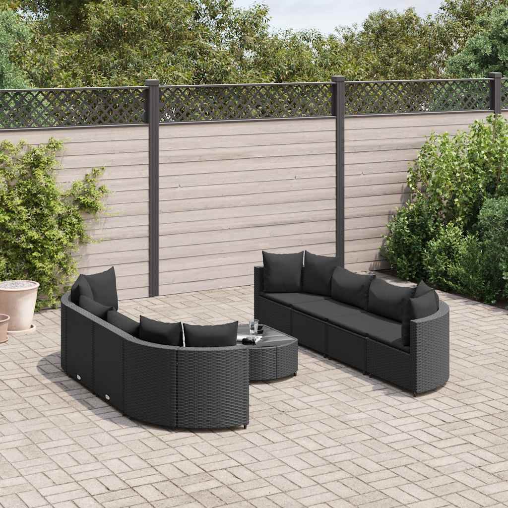 Salon de jardin 9 pcs avec coussins noir résine tressée