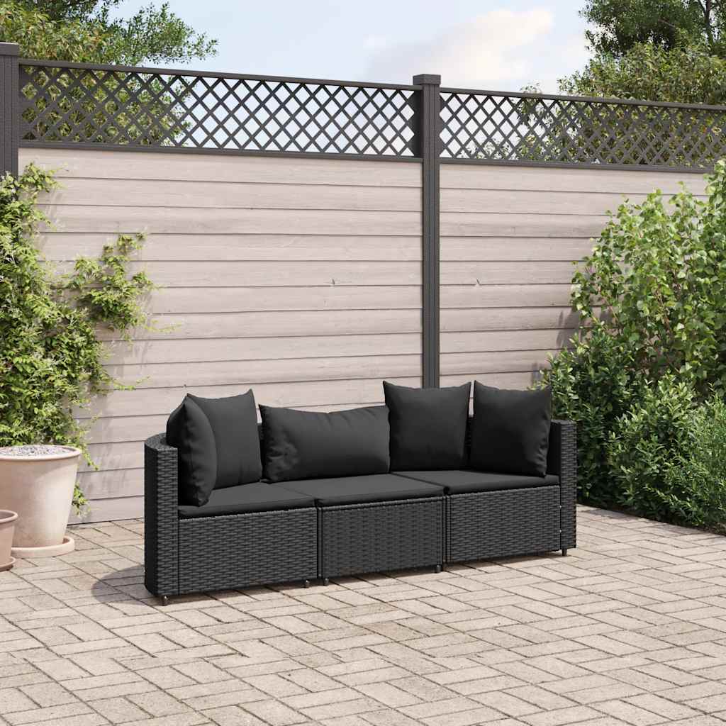 Salon de jardin 3 pcs avec coussins noir résine tressée