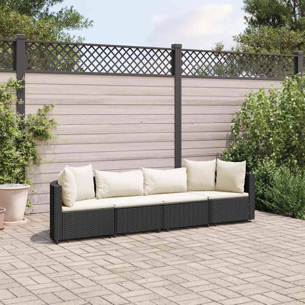 Salon de jardin 4 pcs avec coussins noir résine tressée