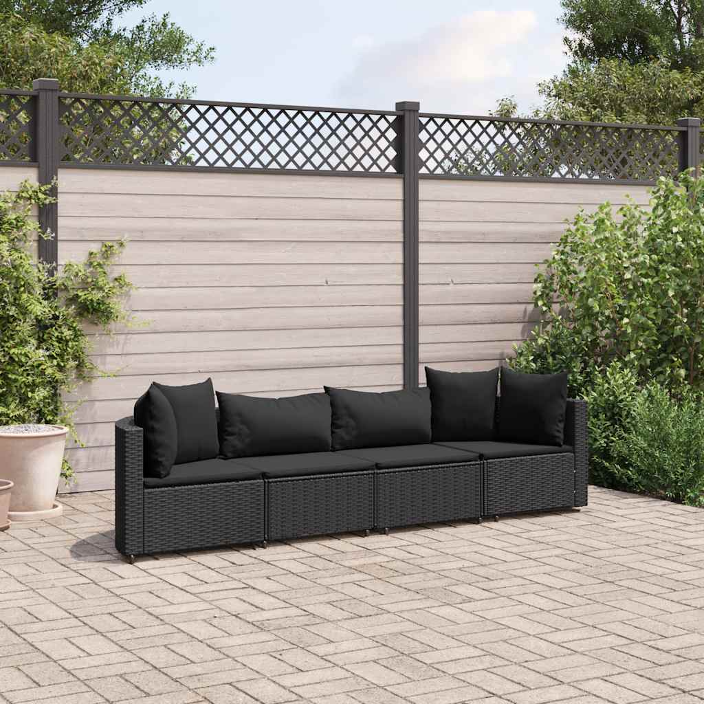 Salon de jardin 4 pcs avec coussins noir résine tressée