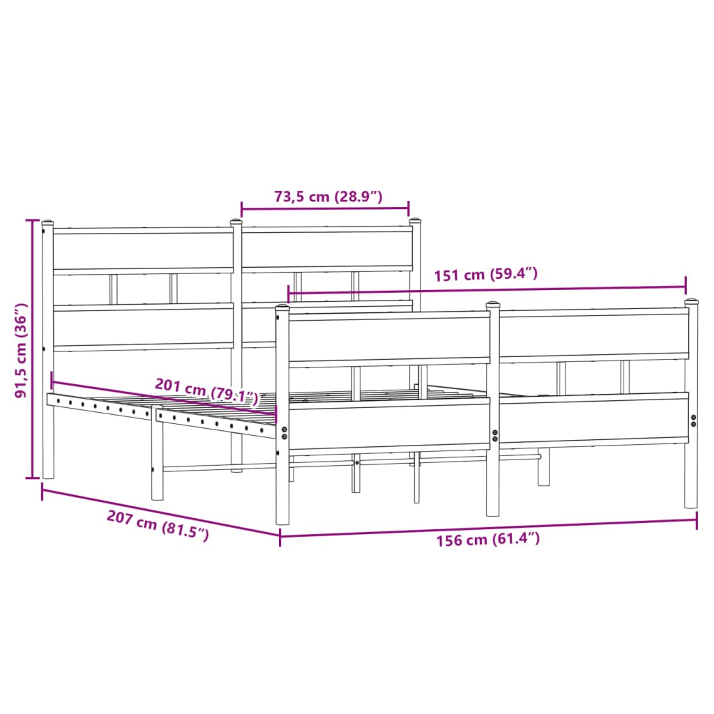 Cadre de lit en métal sans matelas chêne fumé 150x200 cm