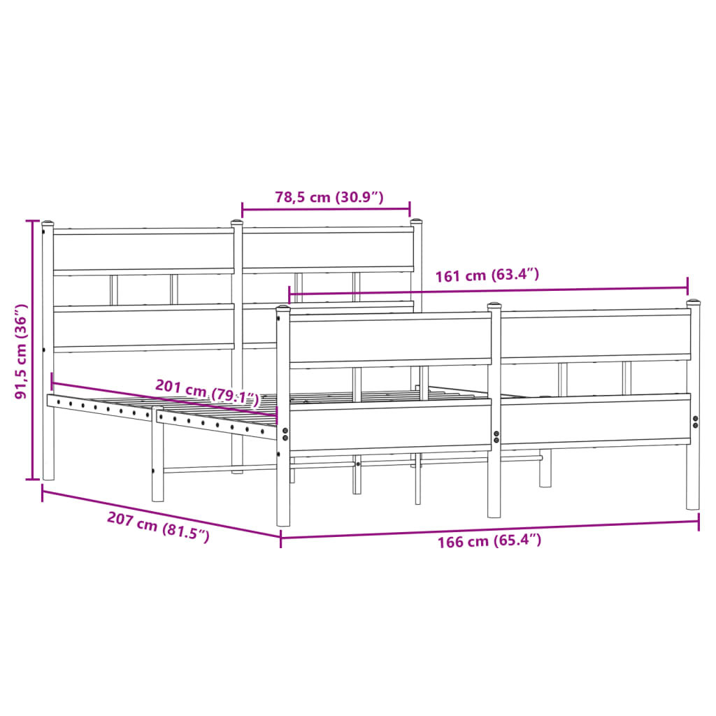 Cadre de lit en métal sans matelas chêne fumé 160x200 cm