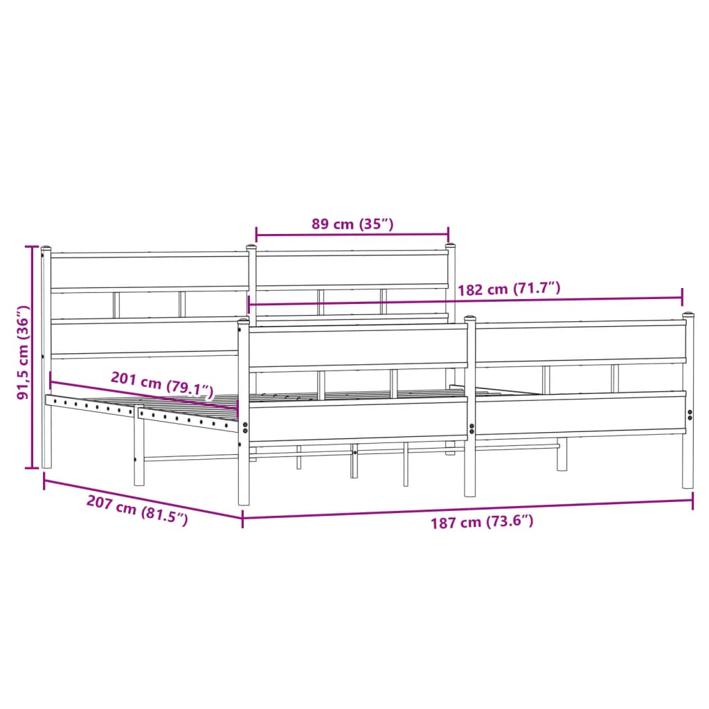 Cadre de lit en métal sans matelas chêne fumé 180x200 cm