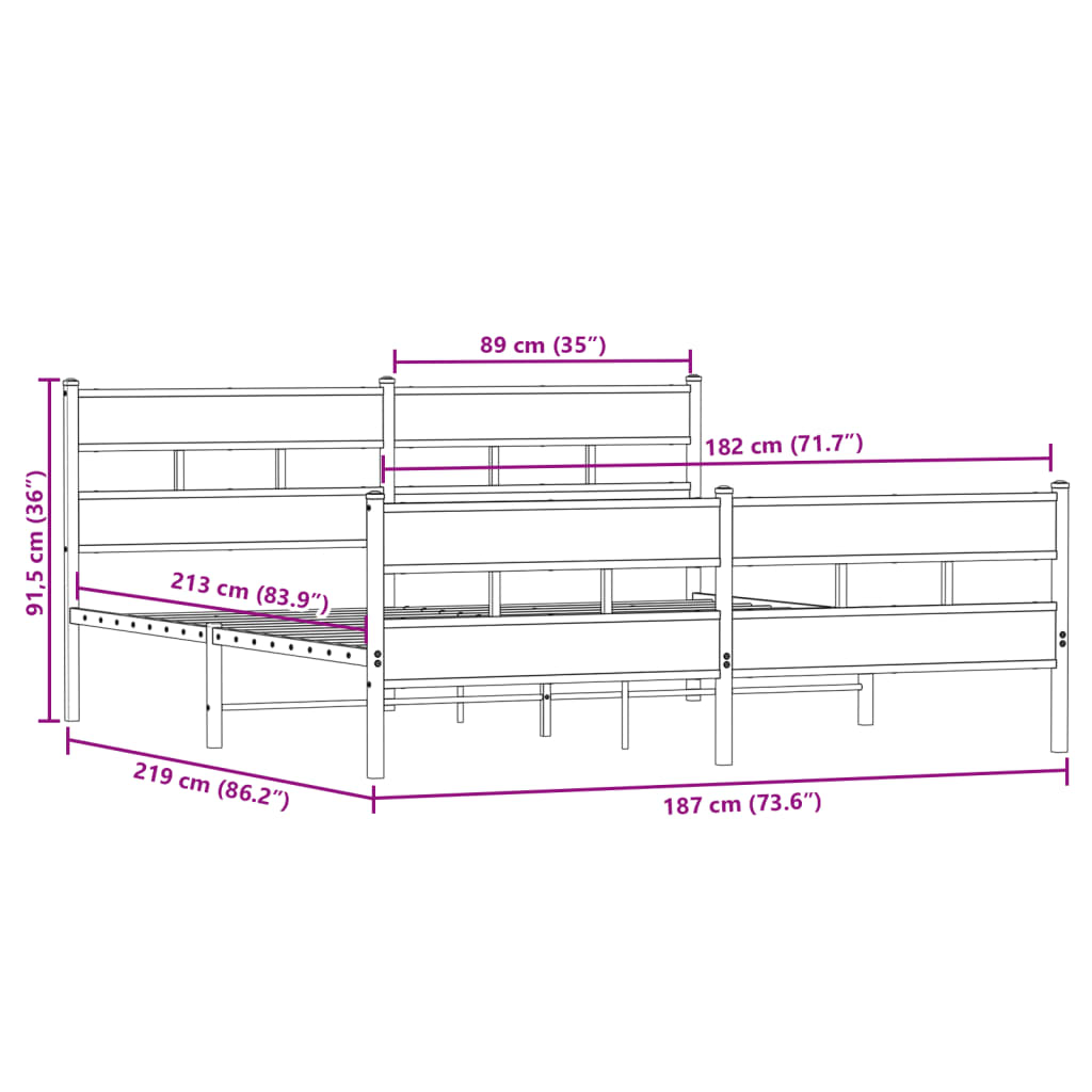 Metallbettgestell ohne Matratze Sonoma-Eiche 183x213 cm