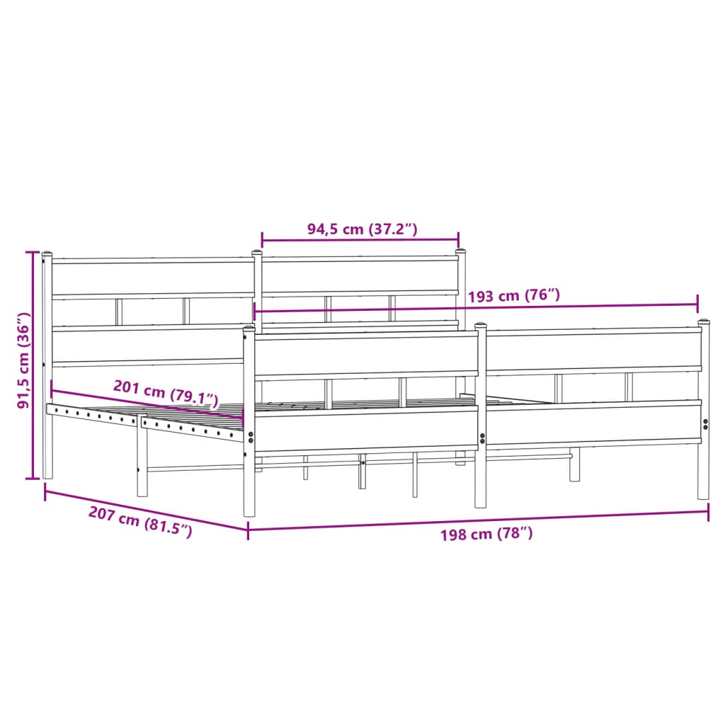 Metallbettgestell ohne Matratze Sonoma-Eiche 193x203 cm