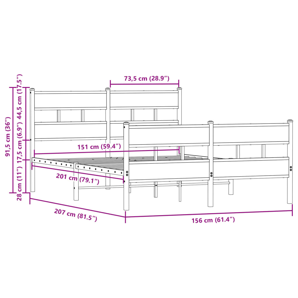 Metallbettgestell ohne Matratze, braune Eiche, 150 x 200 cm