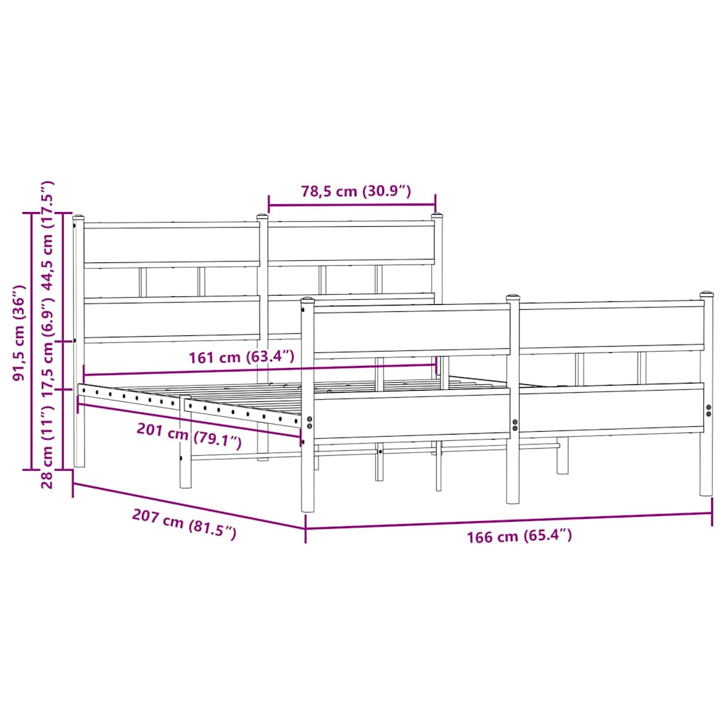 Metallbettgestell ohne Matratze, braune Eiche, 160 x 200 cm