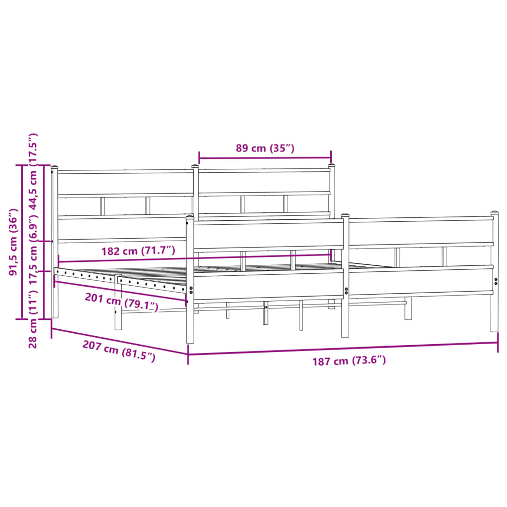 Metal bed frame without mattress brown oak 180x200 cm