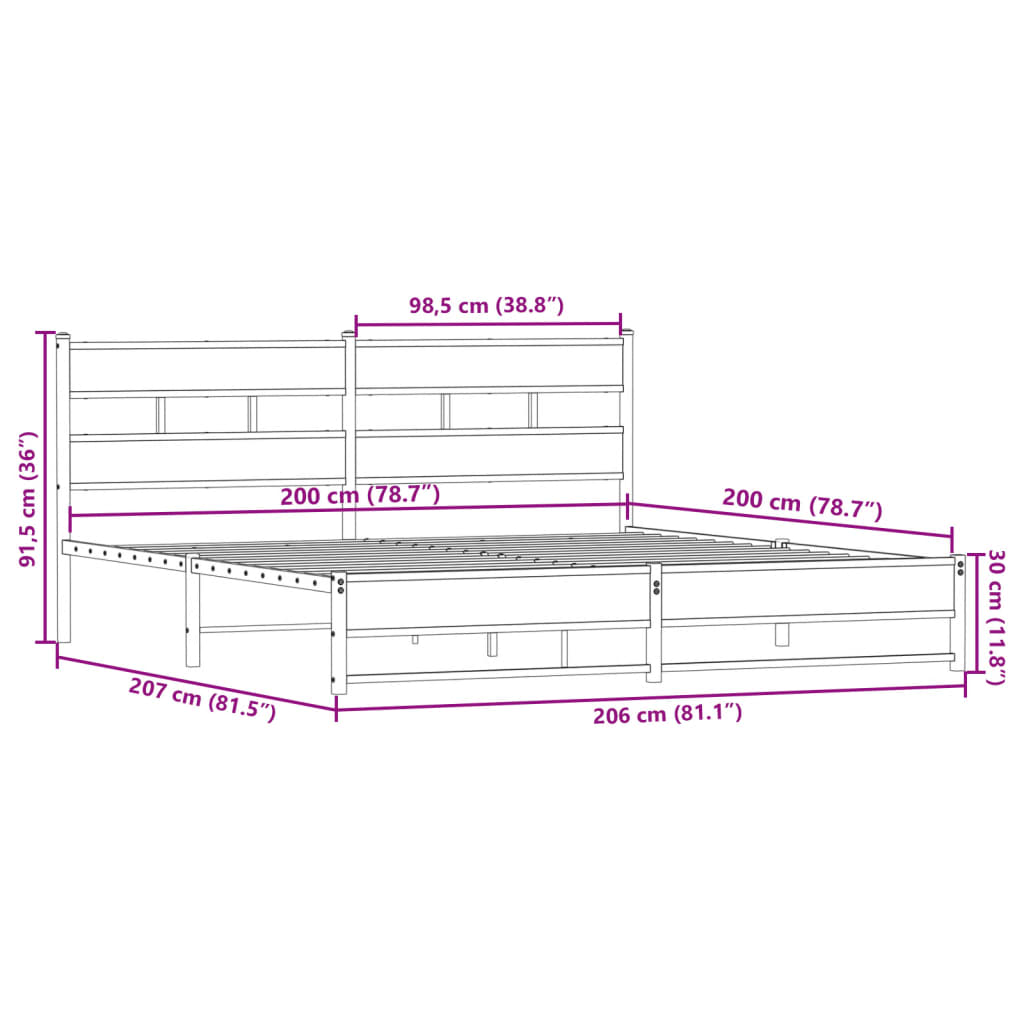 Cadre de lit en métal sans matelas chêne fumé 200x200 cm