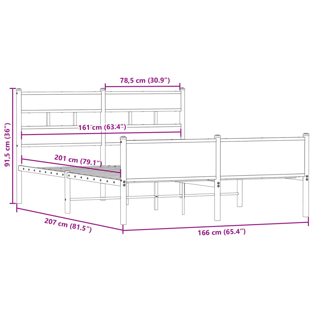 Metal bed frame without mattress smoked oak 160x200 cm