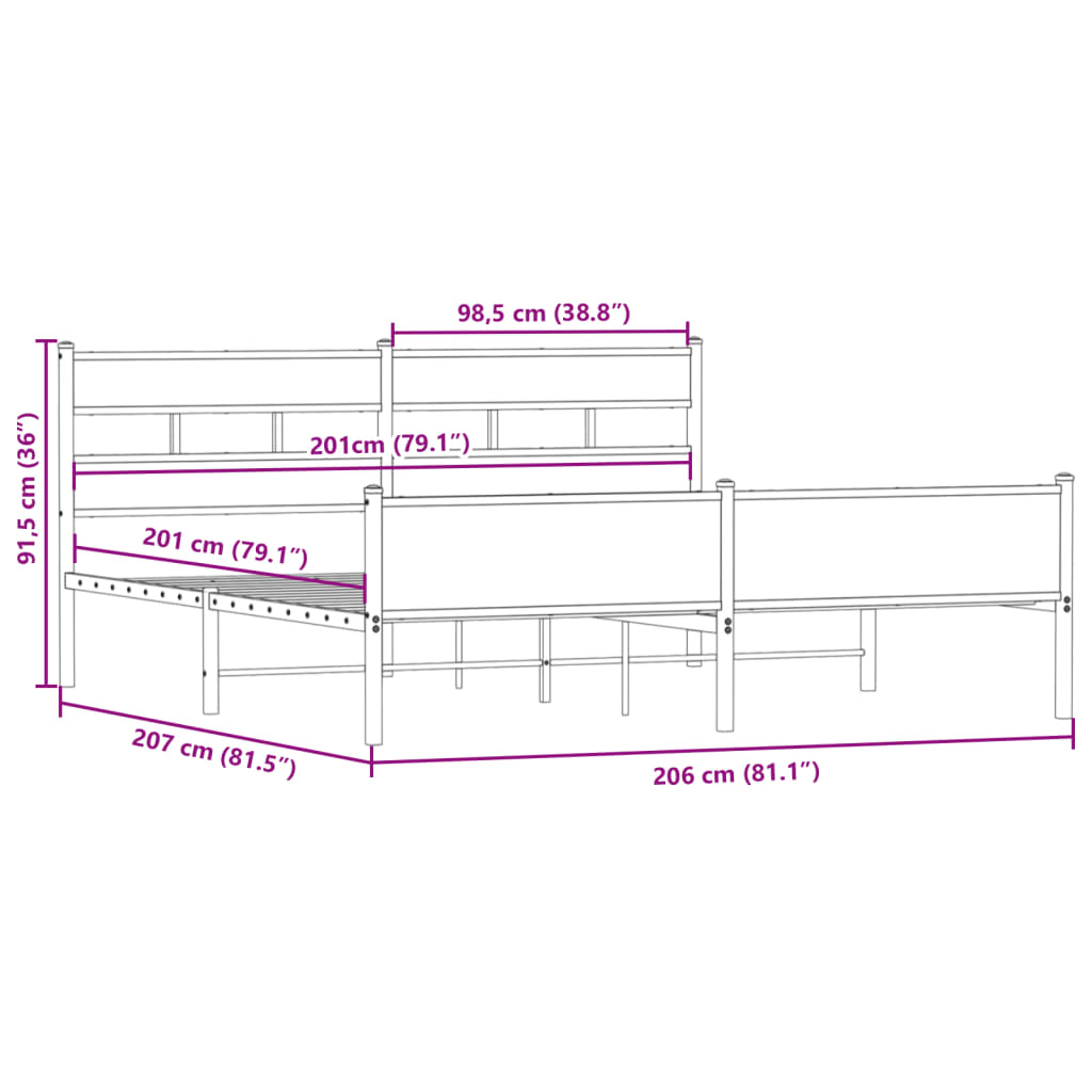 Cadre de lit en métal sans matelas chêne fumé 200x200 cm