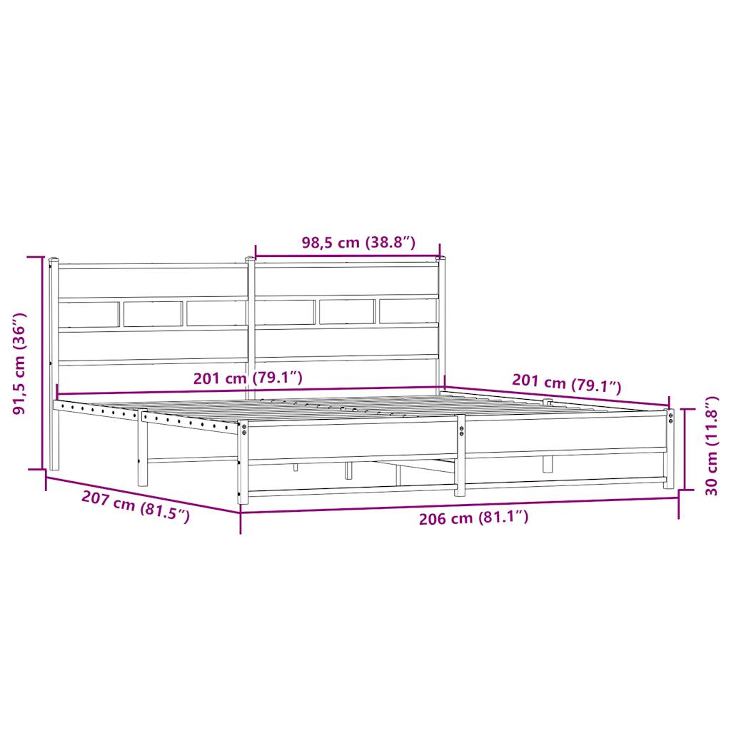 Cadre de lit en métal sans matelas chêne sonoma 200x200 cm