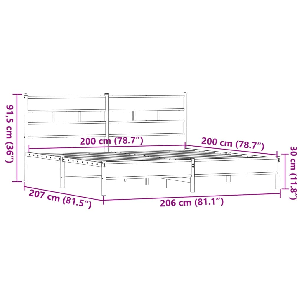 Metallbettgestell ohne Matratze, braune Eiche, 200 x 200 cm