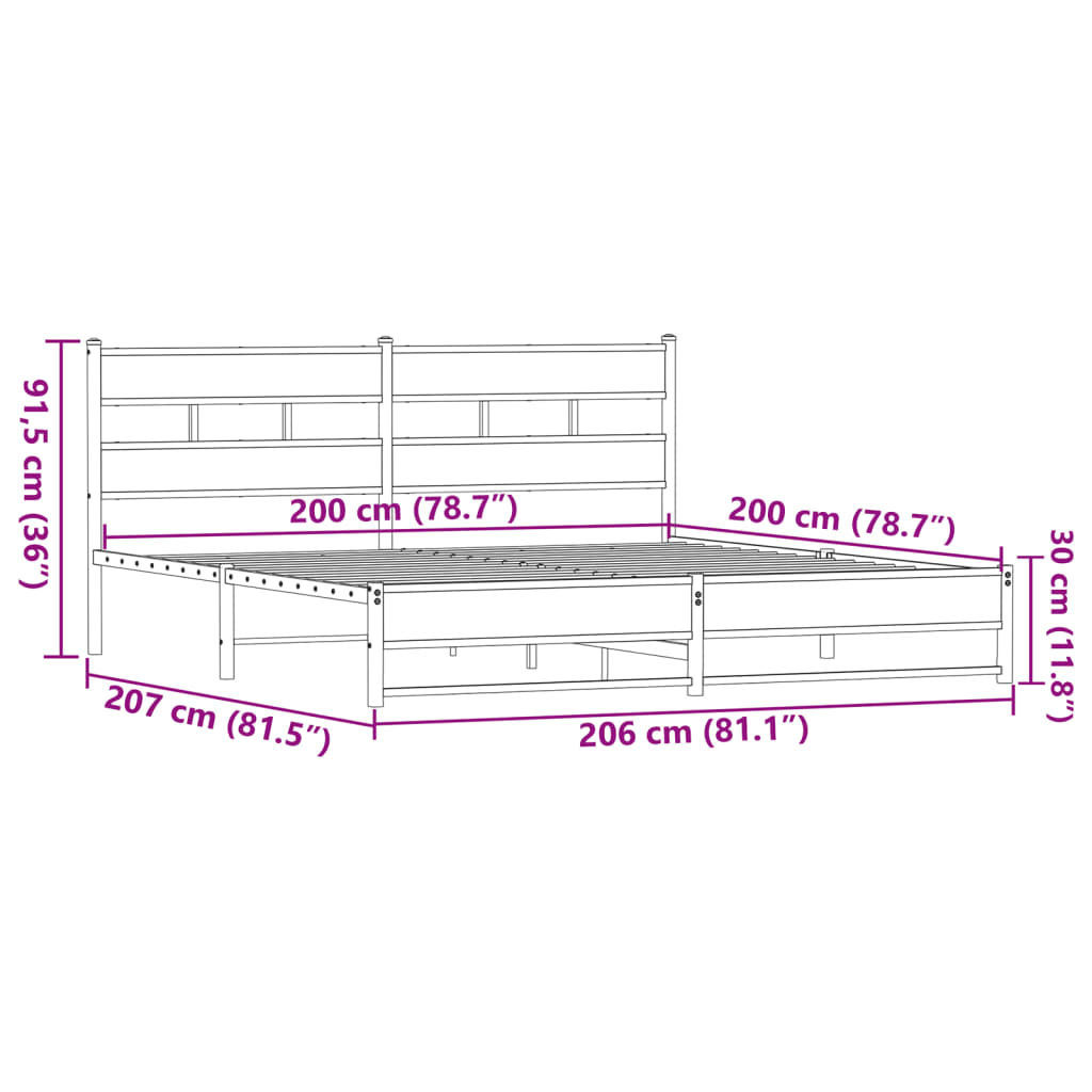 Metallbettgestell ohne Matratze, braune Eiche, 200 x 200 cm