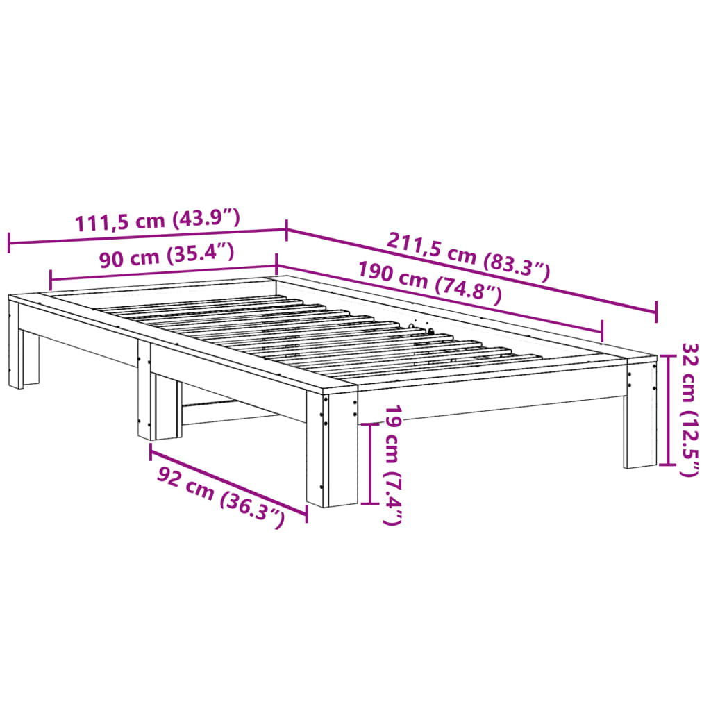 Bettgestell ohne Matratze, braunes Wachs, 90 x 190 cm, massives Kiefernholz