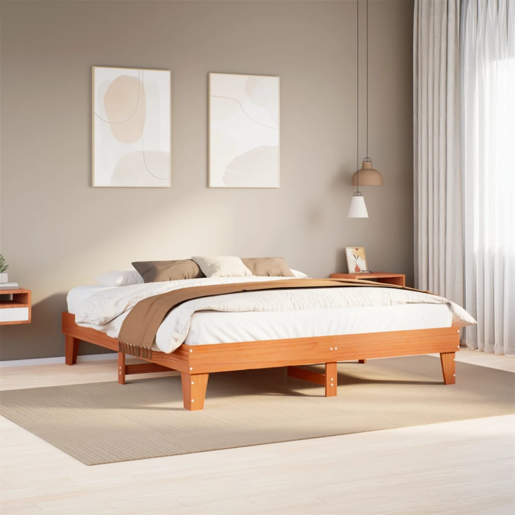 Bed frame without mattress brown wax 200x200cm solid pine wood