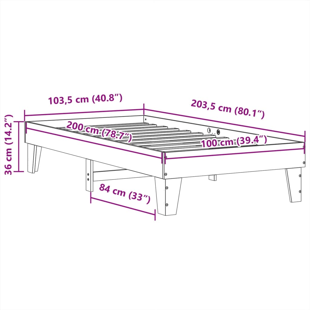 Bettgestell ohne Matratze, braunes Wachs, 100 x 200 cm, massives Kiefernholz