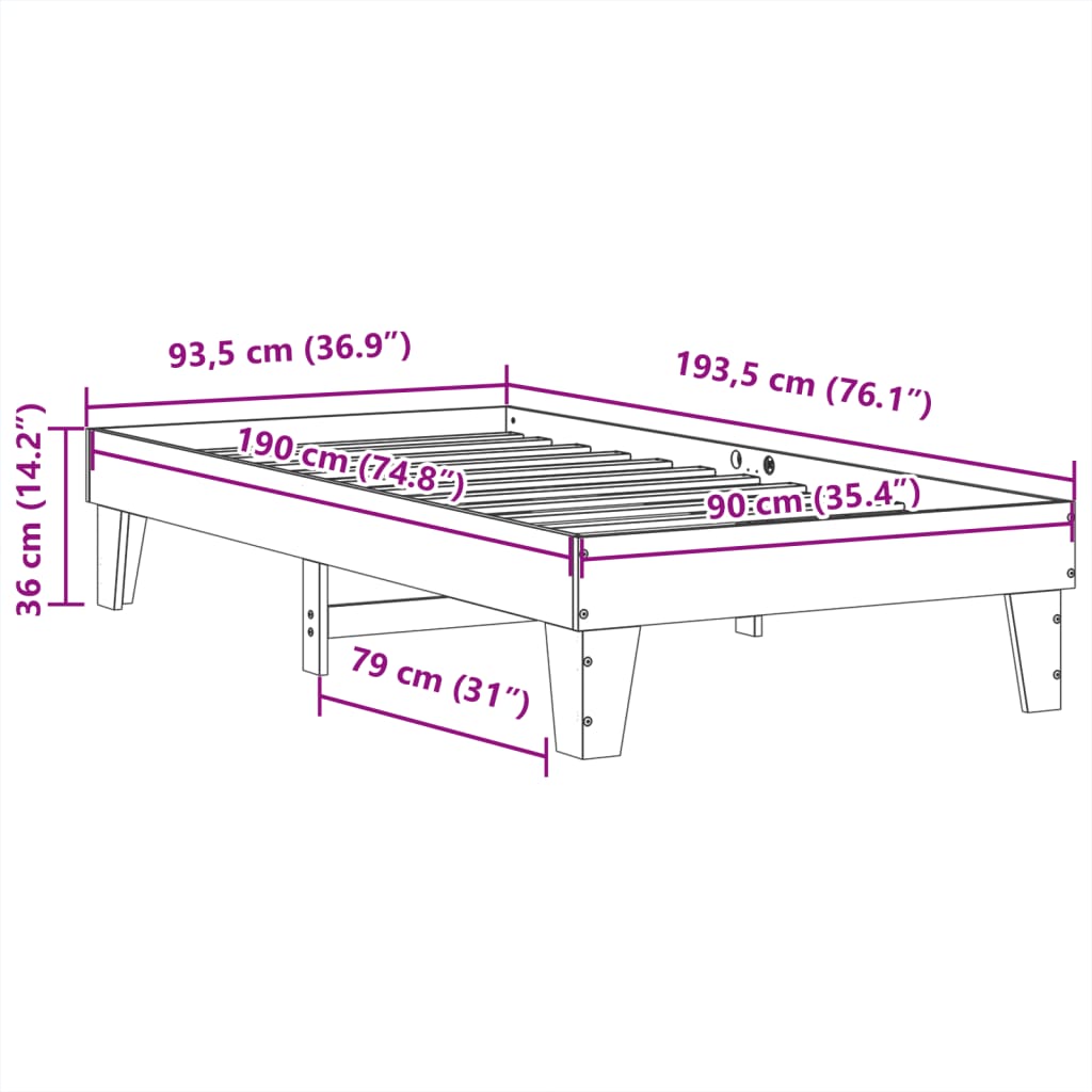 Bettgestell ohne Matratze, braunes Wachs, 90 x 190 cm, massives Kiefernholz