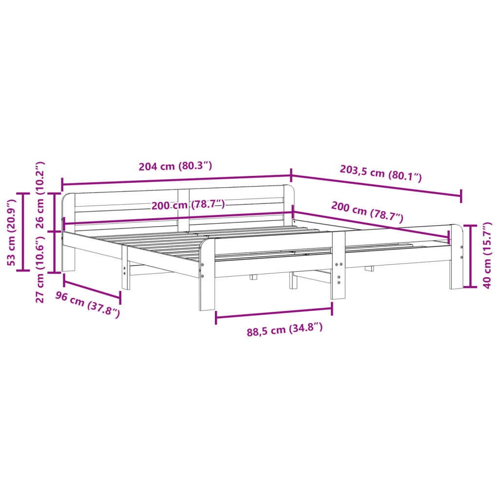 Bettgestell ohne Matratze 200x200 cm aus massivem Kiefernholz