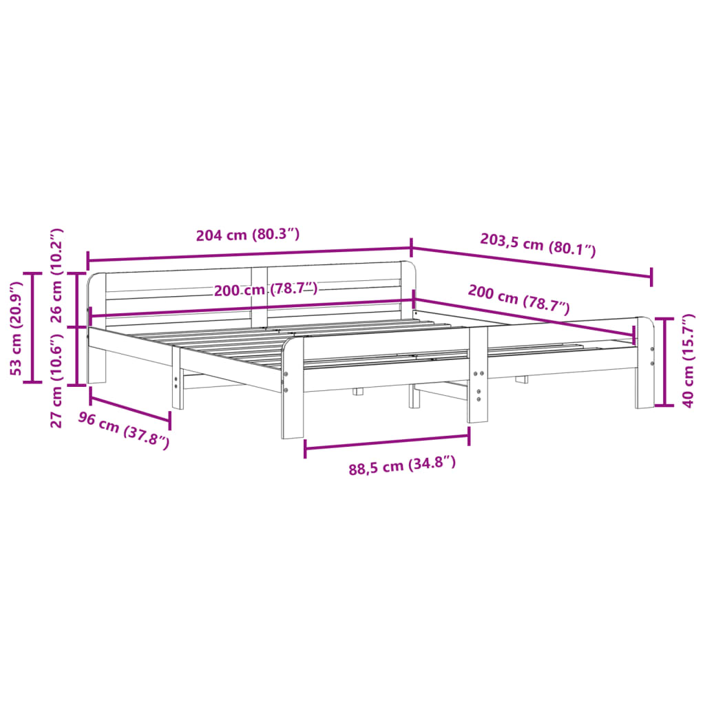 Bettgestell ohne weiße Matratze 200x200 cm aus massivem Kiefernholz