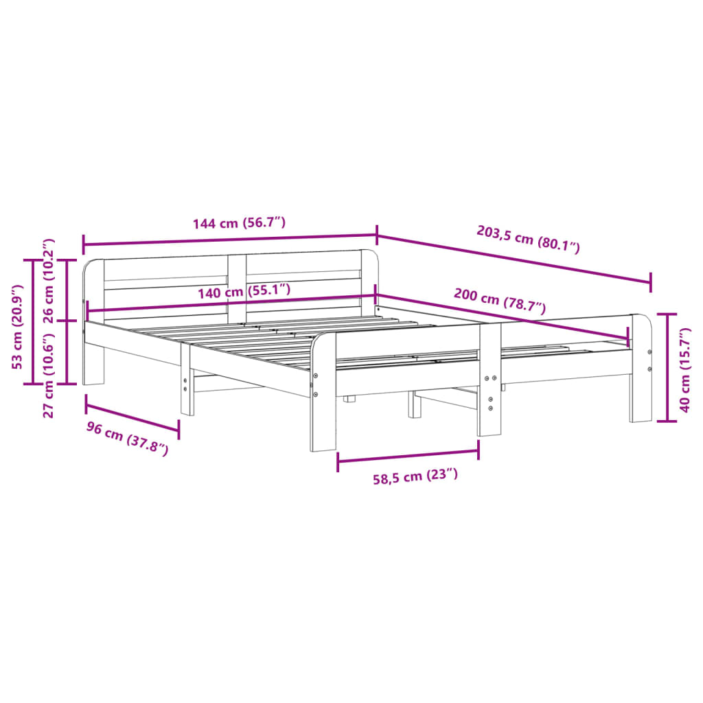 Bettgestell ohne Matratze 140x200 cm aus massivem Kiefernholz