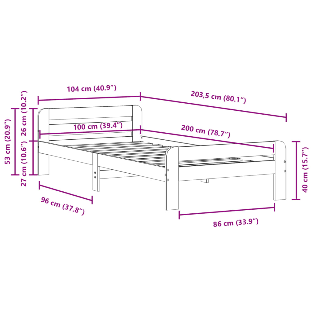 Cadre de lit sans matelas 100x200 cm bois massif de pin