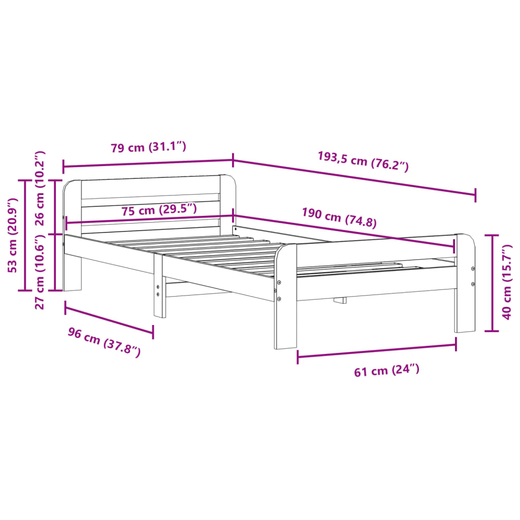 Bettgestell ohne Matratze 75x190 cm aus massivem Kiefernholz