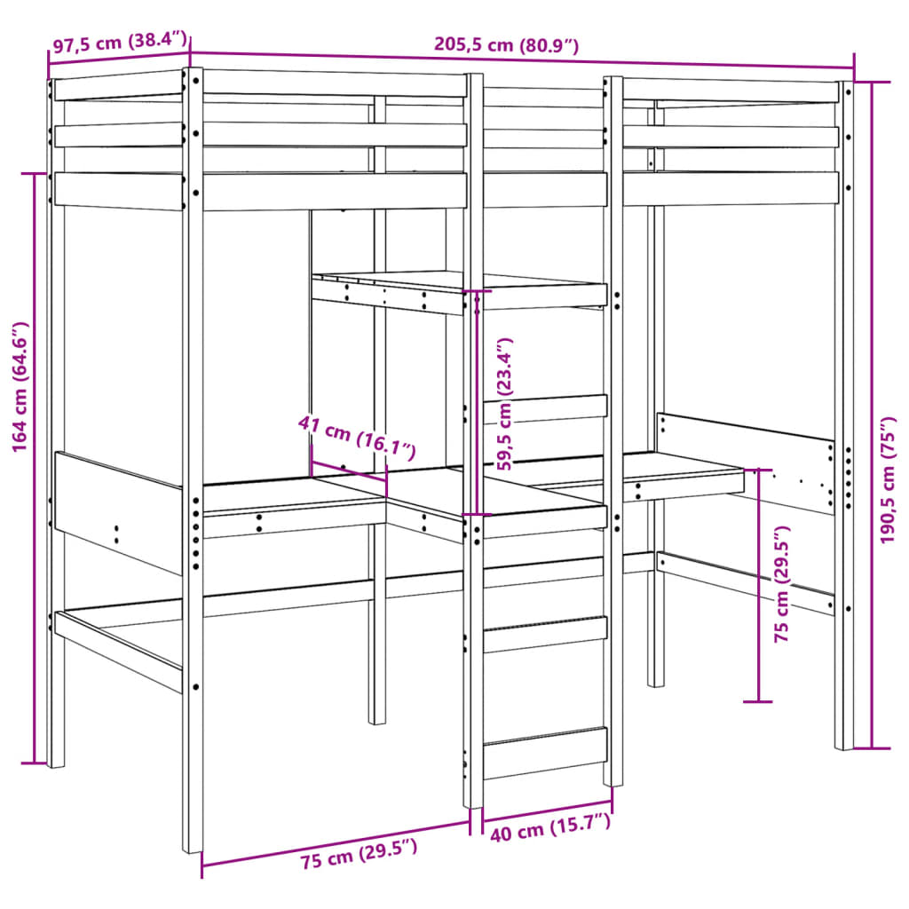 Lit mezzanine avec bureau et étagères blanc 90x200cm pin massif