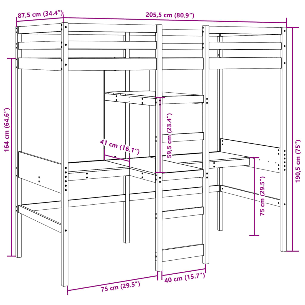 Etagenbettgestell ohne Matratze 80x200cm aus massivem Kiefernholz