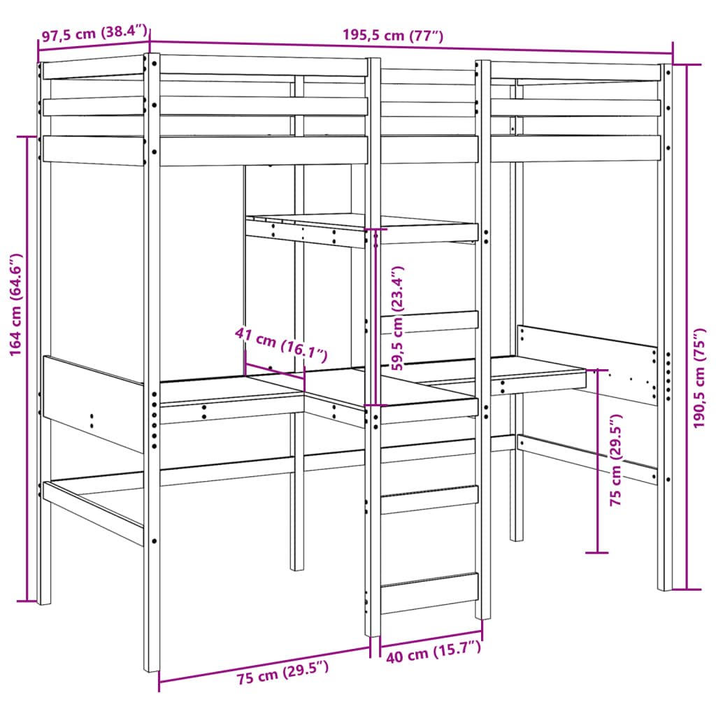 Etagenbettgestell ohne Matratze 90x190cm aus massivem Kiefernholz