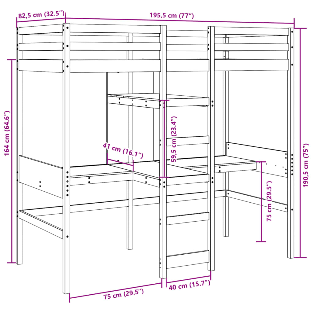 Etagenbettgestell ohne Matratze 75x190cm aus massivem Kiefernholz