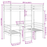 Lit mezzanine avec bureau et chaises brun cire 90x200 cm pin