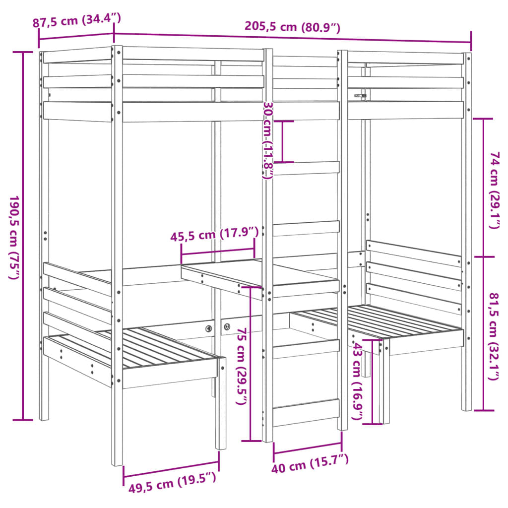 Loft bed with desk and chairs 80x200 cm solid pine