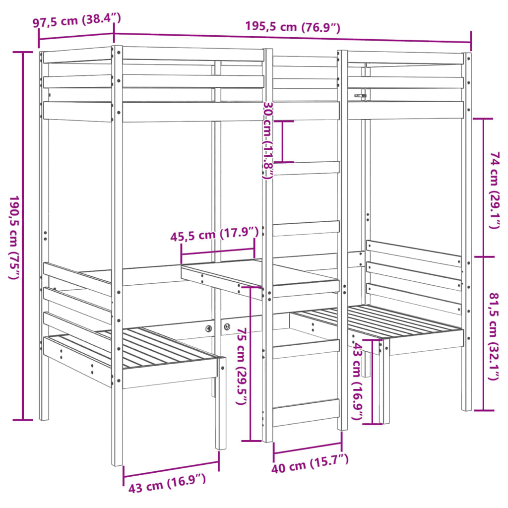 Lit mezzanine avec bureau et chaises blanc 90x190 cm pin massif