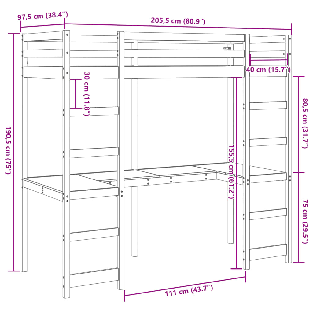 Etagenbettgestell ohne Matratze 90x200cm aus massivem Kiefernholz